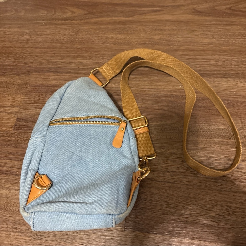 Antik Denim Light Blue Canvas Crossbody with Tan Strap